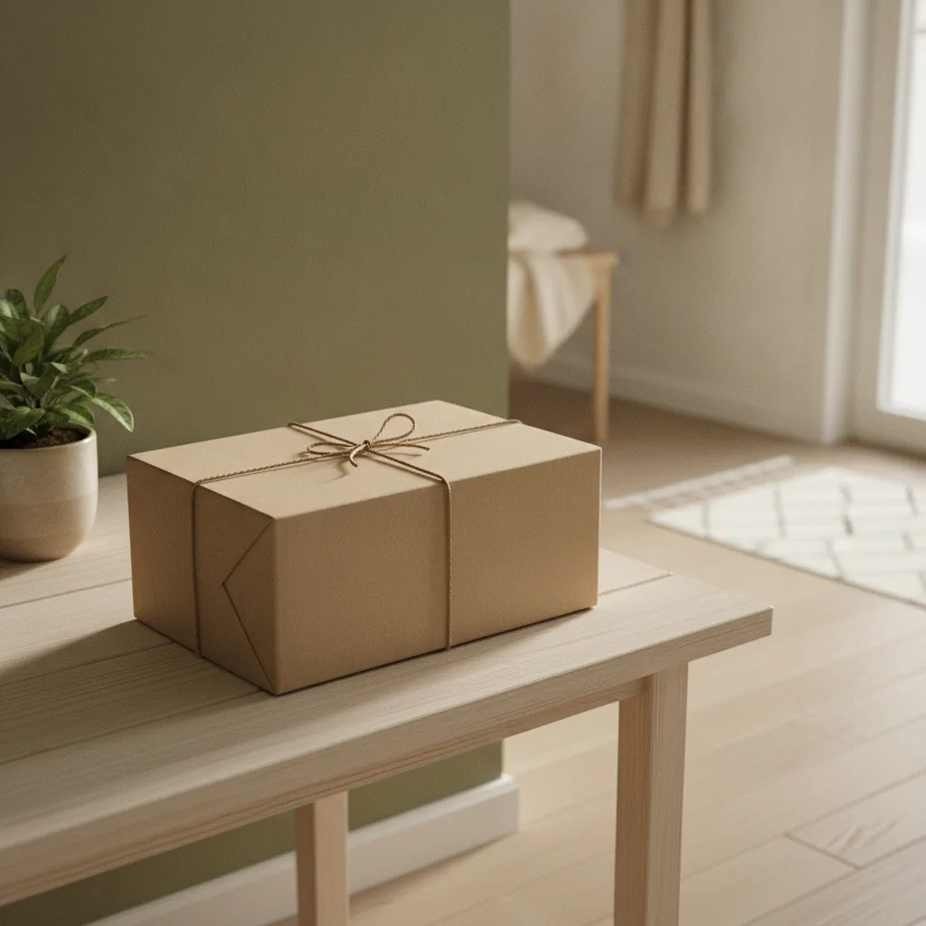 En välpackad brun paketlåda på ett bord nära en ljus ytterdörr